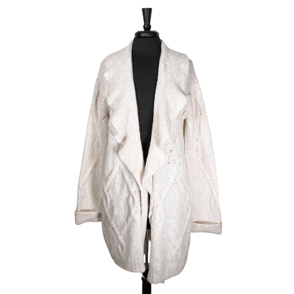 Anthropologie Ivory Cable Knit Shawl Collar Long Cardigan M Boho Duster Cozy